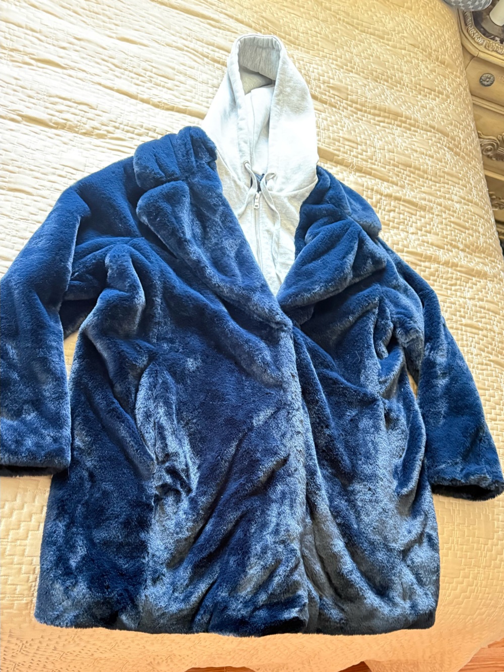 Kendall & Kylie Plush Faux Fur Navy Blue Coat with Hoodie Layer